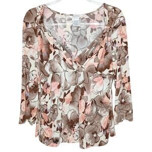 Vintage Y2K George Stretch Neutral Floral 3/4 Sleeve Babydoll Blouse Womens XL